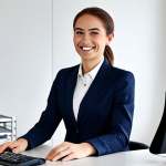 ** A young IT professional, fully clothed in a modest business casual outfit, working at a clean desk in a modern office. She is smiling confidently.  Safe for work, appropriate content, perfect anatomy, well-formed hands, natural pose, professional environment.

**