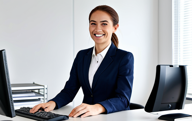 ** A young IT professional, fully clothed in a modest business casual outfit, working at a clean desk in a modern office. She is smiling confidently.  Safe for work, appropriate content, perfect anatomy, well-formed hands, natural pose, professional environment.

**