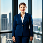 **Prompt:** A professional businesswoman in a modest navy blue business suit, standing confidently in a modern, sunlit office with large windows overlooking a cityscape, fully clothed, appropriate attire, safe for work, perfect anatomy, natural proportions, professional photography, high quality.