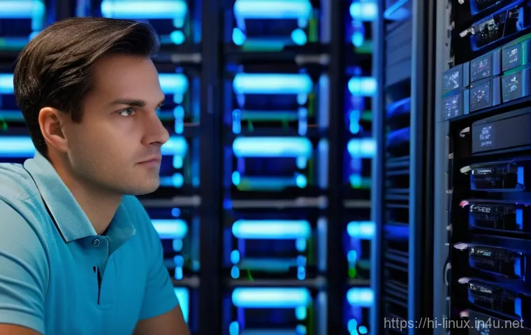 리눅스 실무에서 경험한 스토리지 관리 사례 - **Prompt:** A focused male or female system administrator, in their late 20s to early 30s, wearing s...