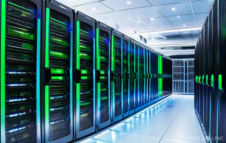 리눅스 실무와 최신 오픈소스 기술 트렌드 - **Prompt:** A state-of-the-art, hyper-efficient cloud data center bustling with activity. Rows of sl...