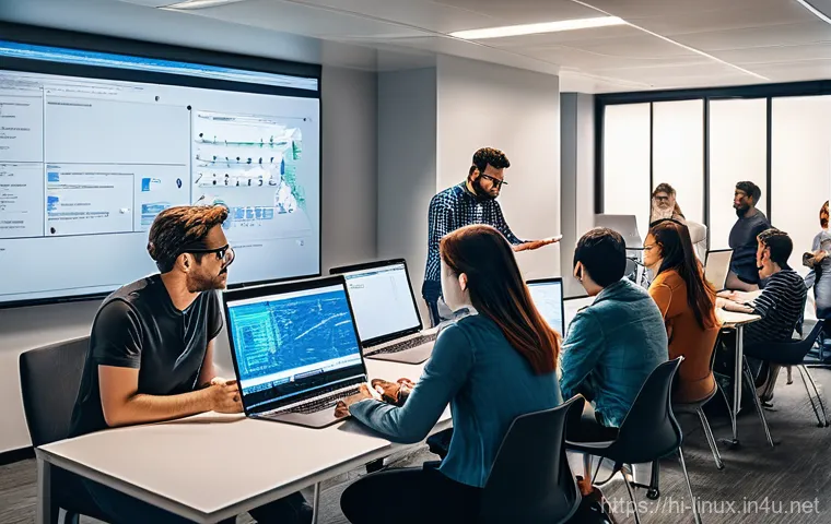 리눅스 실무와 최신 오픈소스 기술 트렌드 - **Prompt:** A state-of-the-art, hyper-efficient cloud data center bustling with activity. Rows of sl...