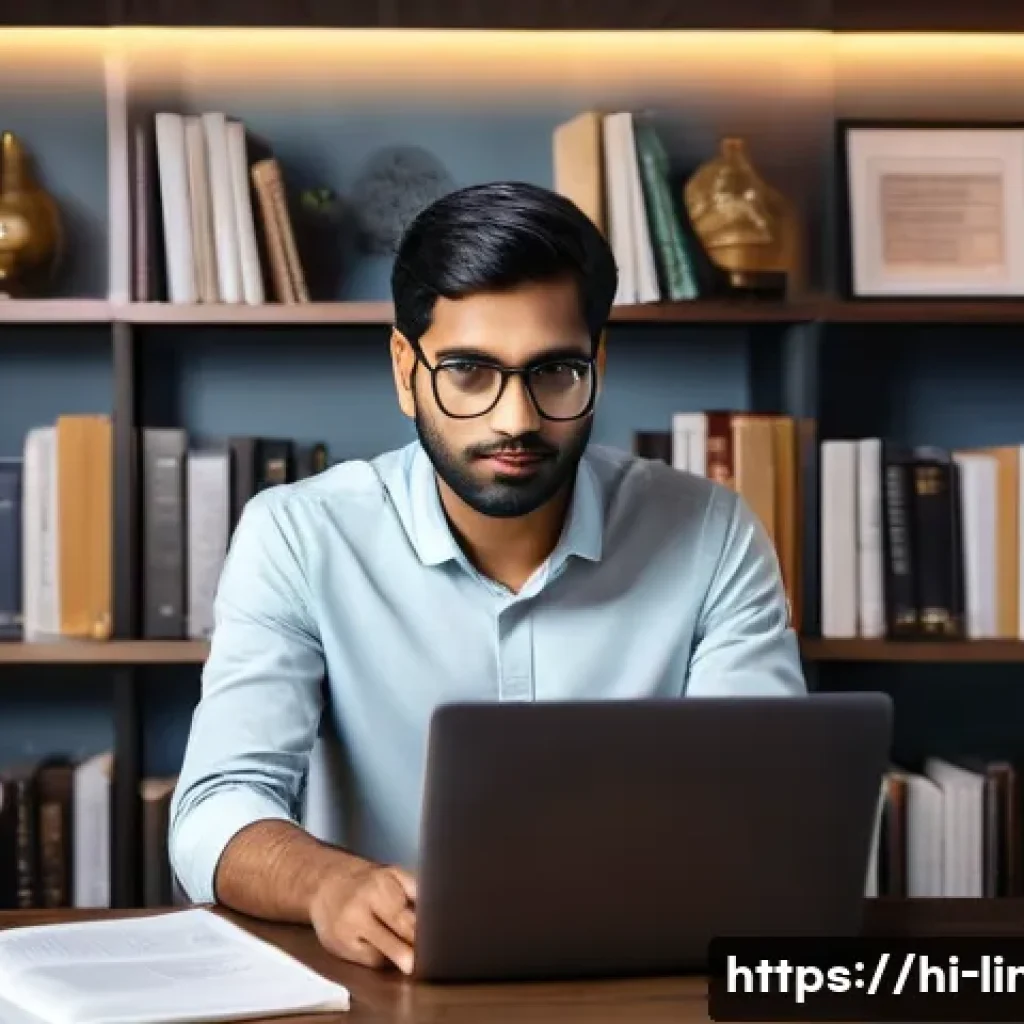 리눅스 자격증 취득 후 성공적인 커리어 전환 사례 - A professional Indian man in his late 20s studying Linux certification materials on a laptop, surrou...