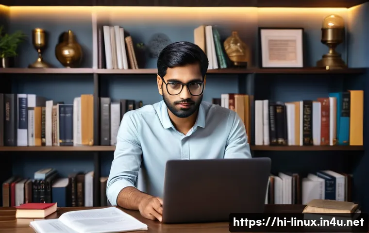 리눅스 자격증 취득 후 성공적인 커리어 전환 사례 - A professional Indian man in his late 20s studying Linux certification materials on a laptop, surrou...