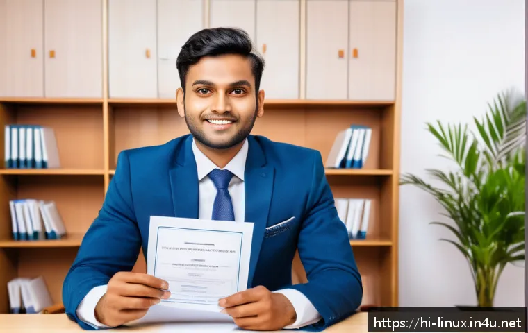 리눅스 자격증으로 IT 업계 이직 성공기 - A professional Indian man in his late 20s confidently attending a job interview, wearing formal offi...