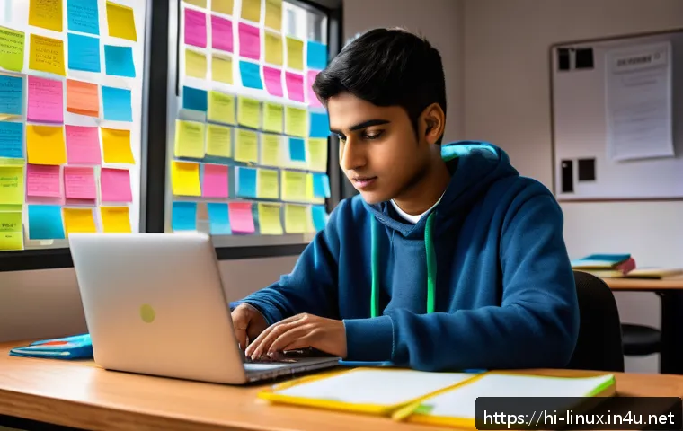 리눅스 실기 시험의 난이도 높은 문제 풀이법 - A detailed digital illustration of a Hindi-speaking student preparing for a Linux practical exam, si...