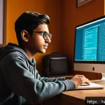 Home 23 리눅스 실기 시험의 주요 과목별 공부 전략 - A detailed, vibrant digital illustration of a young Indian student sitting at a desk in a cozy study...