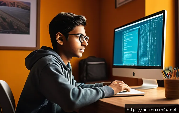 리눅스 실기 시험의 주요 과목별 공부 전략 - A detailed, vibrant digital illustration of a young Indian student sitting at a desk in a cozy study...